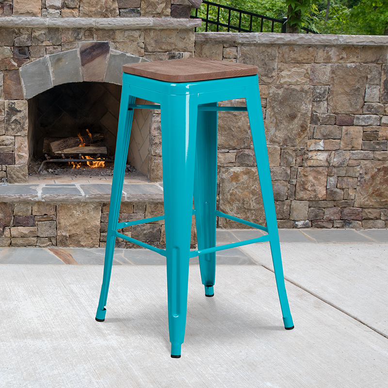 30 High Backless Crystal Teal-Blue Barstool With Square Wood Seat