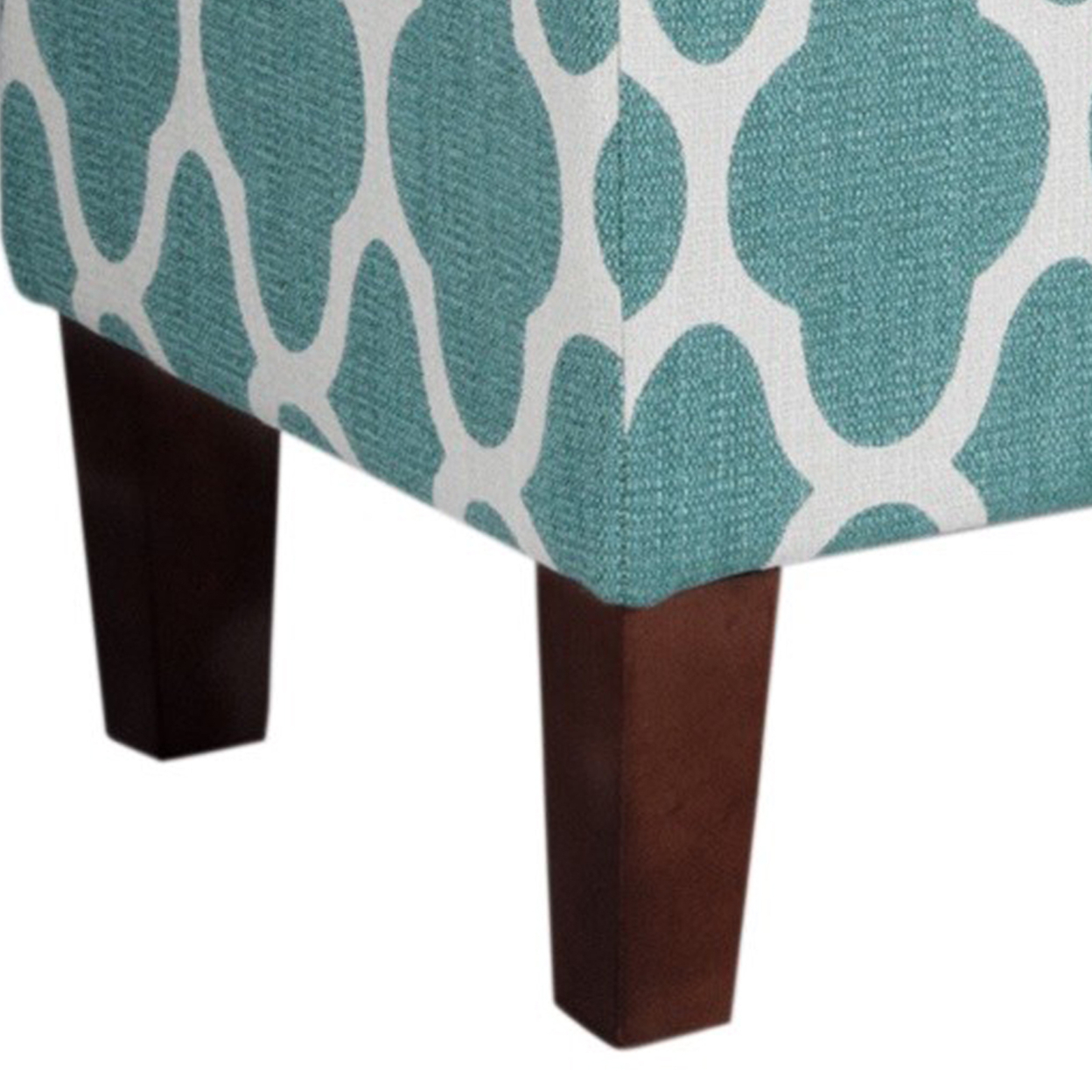 Quatrefoil Print Fabric Upholstered Wooden Bench With Hinged Storage, Large, Teal Blue And Cream- Saltoro Sherpi