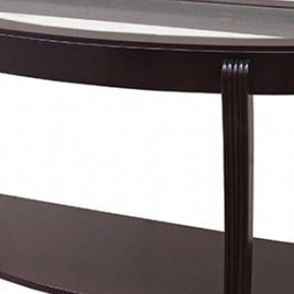 Semi Oval Solid Wood Table With Beveled Glass Top And Open Shelve, Espresso Brown- Saltoro Sherpi