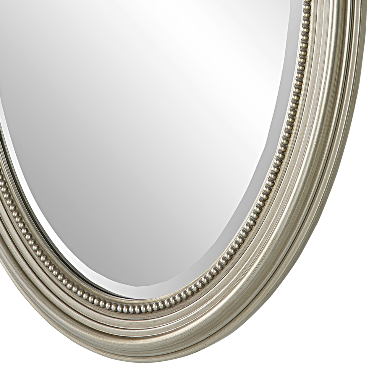 31 Inch Wall Mirror, Beaded Oval Shape, Metallic Silver, Saltoro Sherpi