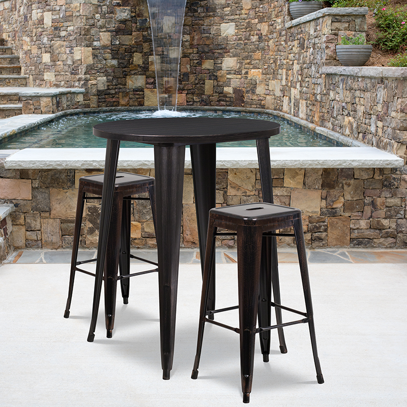 Commercial Grade 30 Round Black-Antique Gold Metal Indoor-Outdoor Bar Table Set With 2 Square Seat Backless Stools