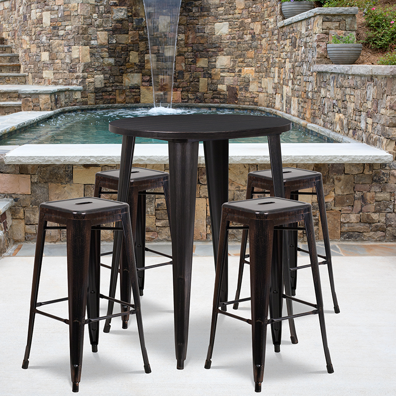 Commercial Grade 30 Round Black-Antique Gold Metal Indoor-Outdoor Bar Table Set With 4 Square Seat Backless Stools