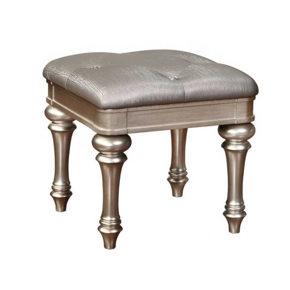 Wooden Vanity Stool With Turned Legs And Leatherette Upholstered Seat, Silver- Saltoro Sherpi