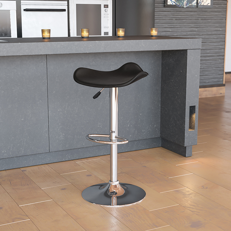 Contemporary Black Vinyl Adjustable Height Barstool With Wavy Seat And Chrome Base