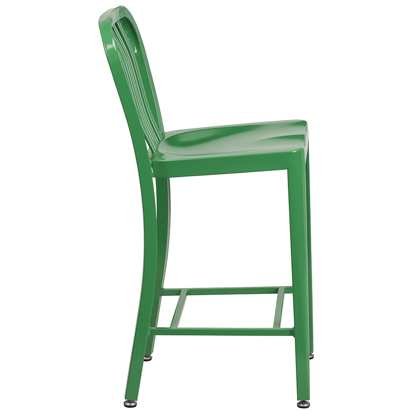 Commercial Grade 24 High Green Metal Indoor-Outdoor Counter Height Stool With Vertical Slat Back