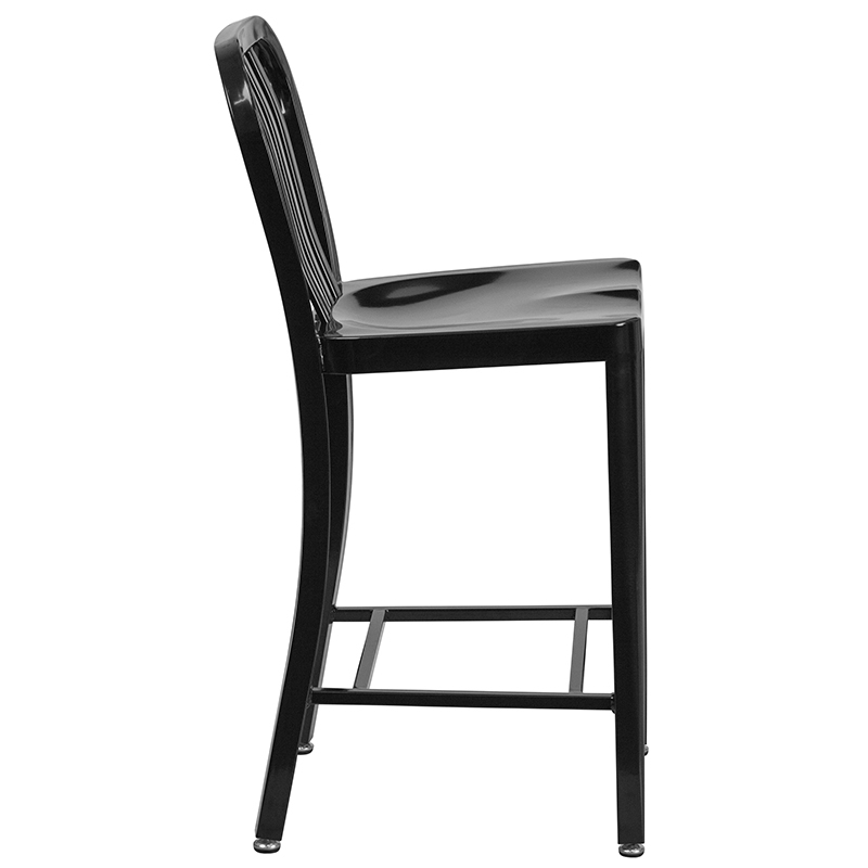Commercial Grade 24 High Black Metal Indoor-Outdoor Counter Height Stool With Vertical Slat Back
