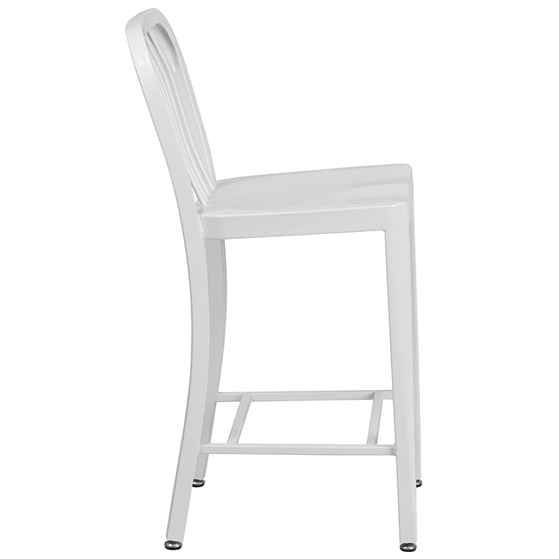 Commercial Grade 24 High White Metal Indoor-Outdoor Counter Height Stool With Vertical Slat Back