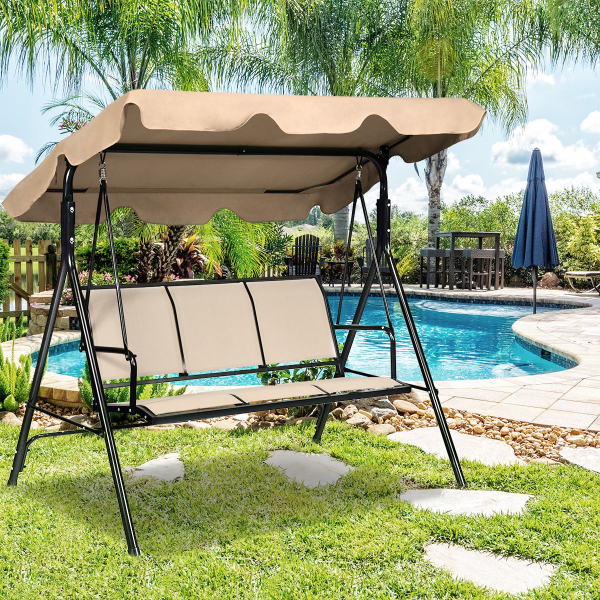 Brown Outdoor Swing Canopy Patio Swing Chair 3 Person Canopy Hammock