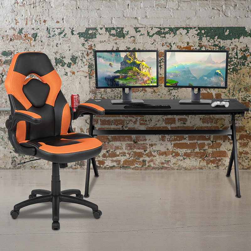 Gaming Desk And Orangeblack Racing Chair Set Cup Holderheadphone Hookremovable Mouse Pad Top 2 Wire Management Holes