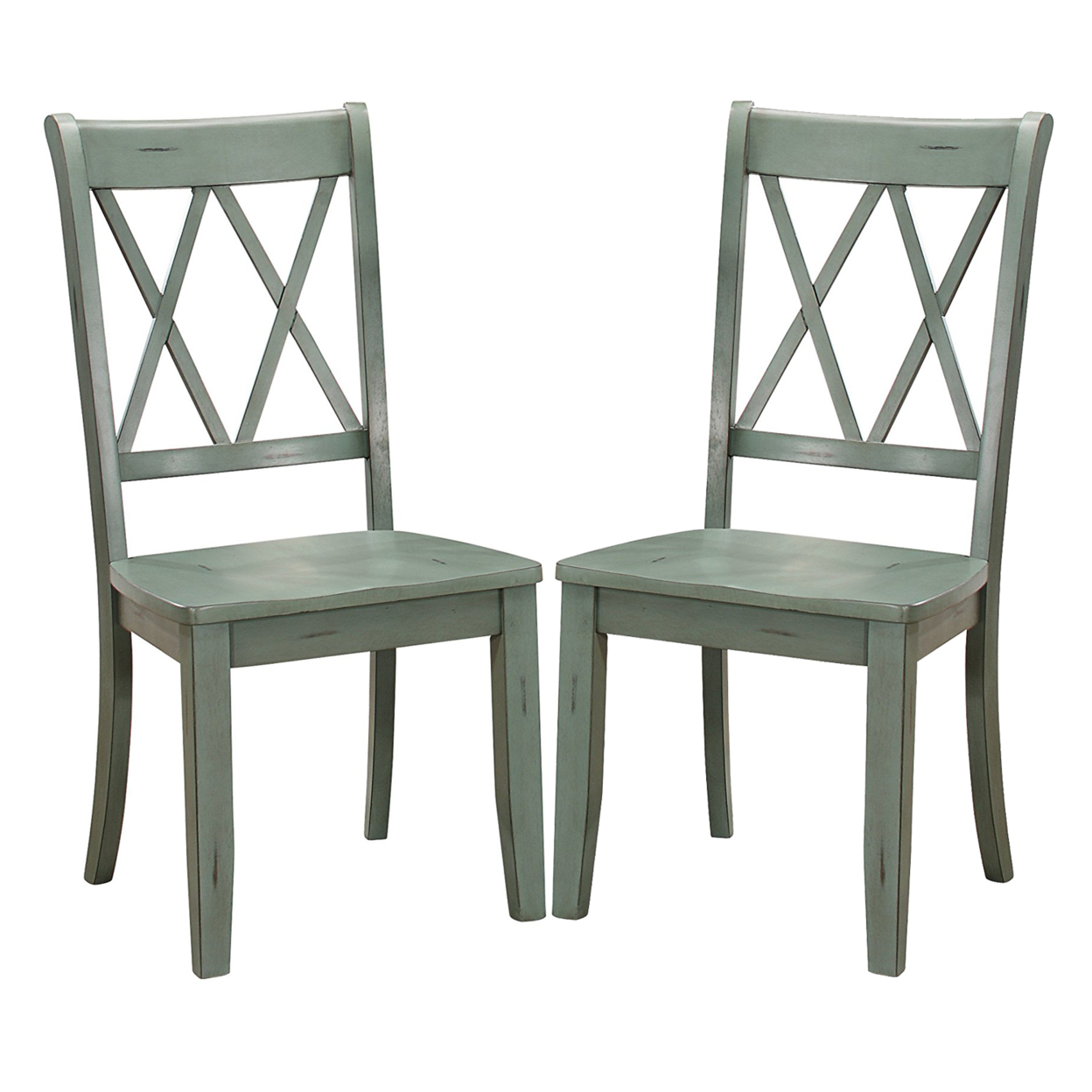 Pine Veneer Side Chair With Double X Cross Back, Teal Blue, Set Of 2- Saltoro Sherpi