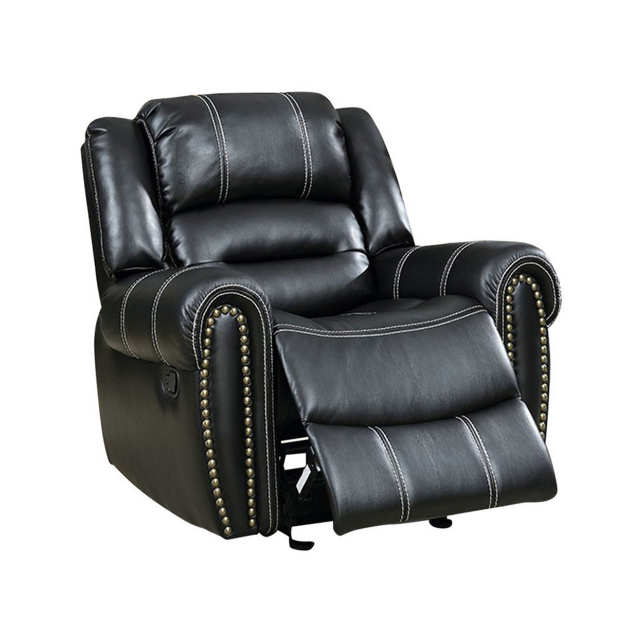 Rolled Arms Leatherette Glider Recliner Chair With Contrast Stitching,Black- Saltoro Sherpi