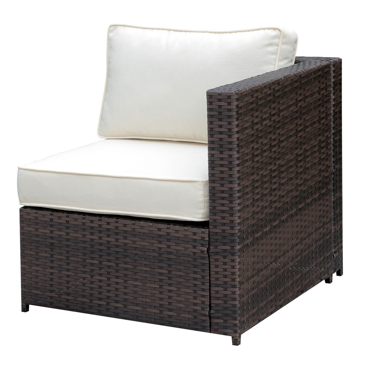 Faux Rattan Left Arm Chair With Seat & Back Cushions, Brown And Ivory- Saltoro Sherpi