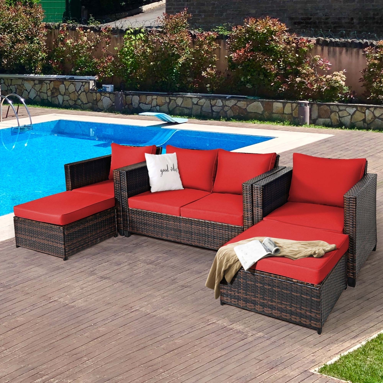 5PCS Outdoor Patio Rattan Conversation Sofa Furniture Set W/ Red Cushions