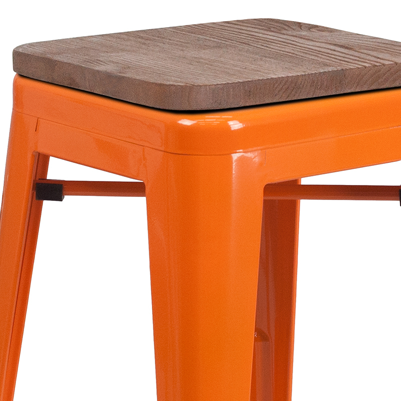 24 High Backless Orange Metal Counter Height Stool With Square Wood Seat