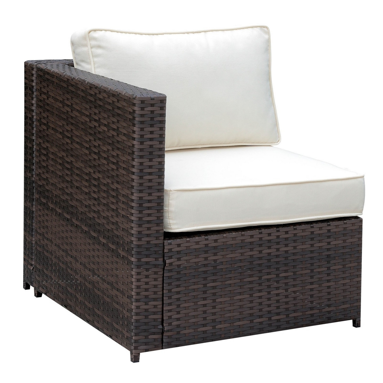 Faux Rattan Right Arm Chair With Seat & Back Cushions, Brown And Ivory- Saltoro Sherpi