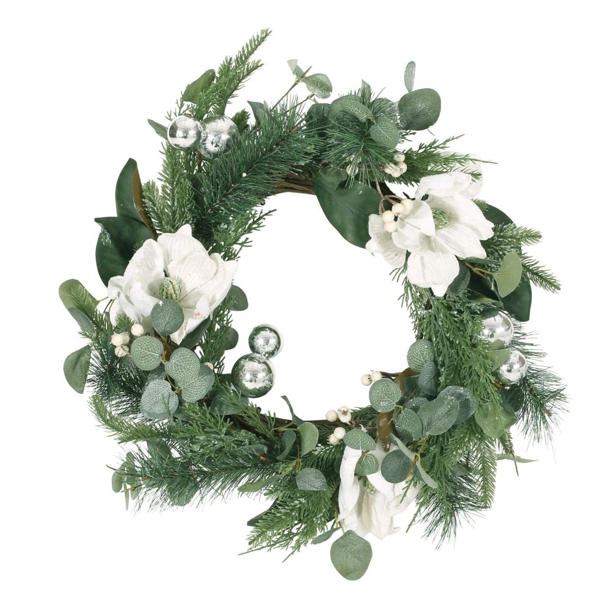 McKone 21.75 Eucalyptus And Pine Artificial Wreath With Magnolias, Green And White