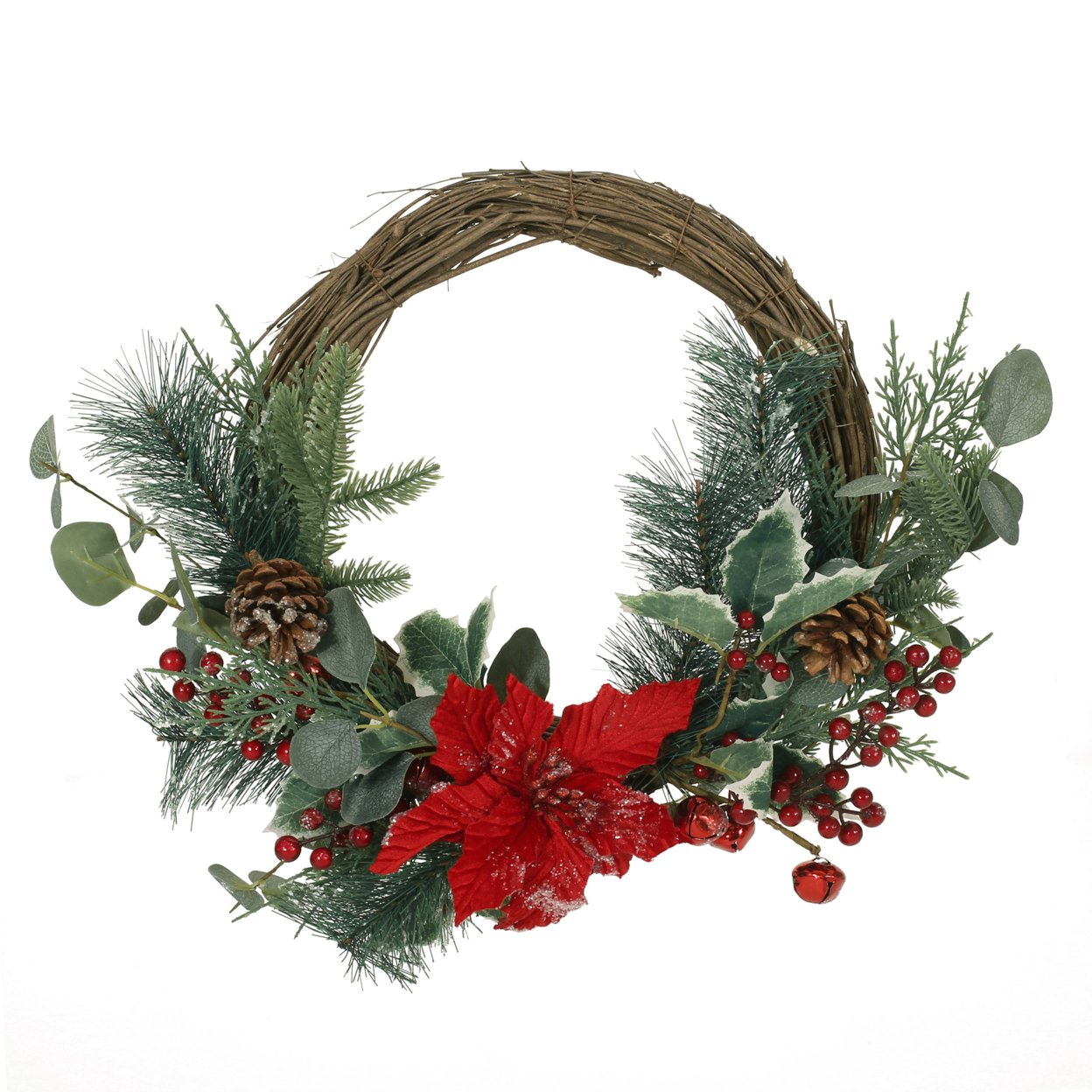 Potvin 23.5 Eucalyptus Artificial Half Wreath With Poinsettia And Berries, Green And Red