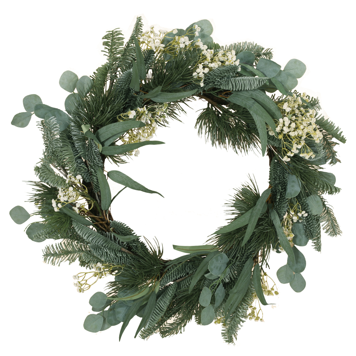 Leigh 30 Eucalyptus And Pine Artificial Silk Wreath With Baby's Breath, Green And White