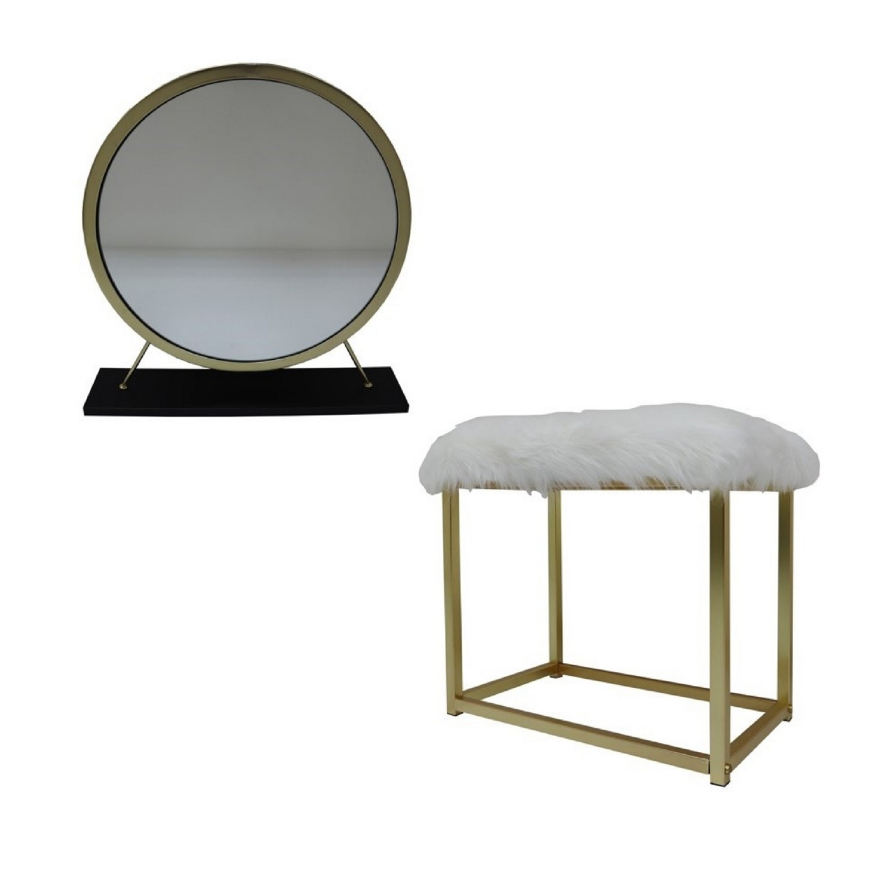 Rose Round Vanity Mirror With Stool, Faux Fur Seat, Brass, Black- Saltoro Sherpi