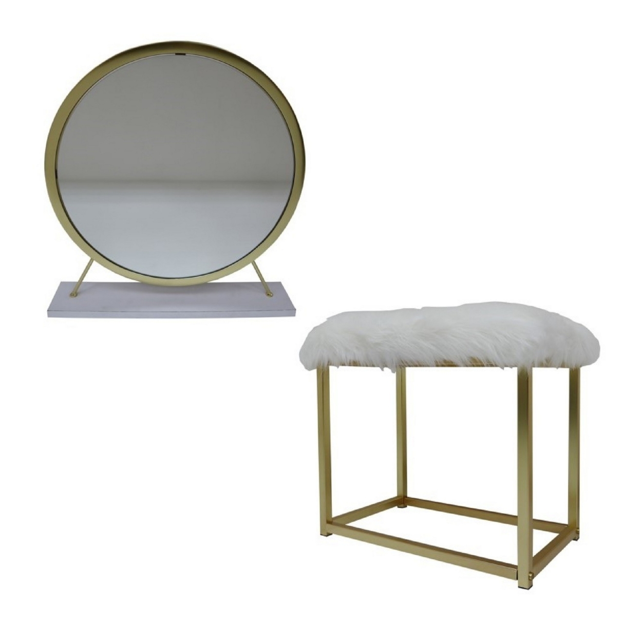 Rose Round Vanity Mirror With Stool, Faux Fur Seat, Brass, White- Saltoro Sherpi