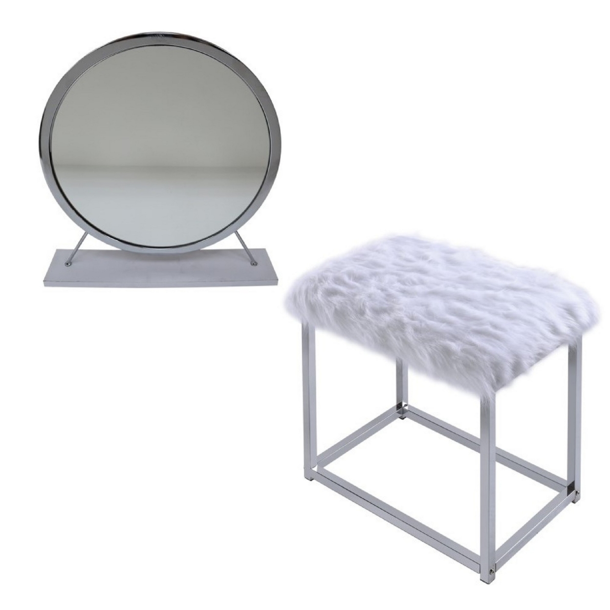 Rose Round Vanity Mirror With Stool, Faux Fur Seat, Gray, White- Saltoro Sherpi