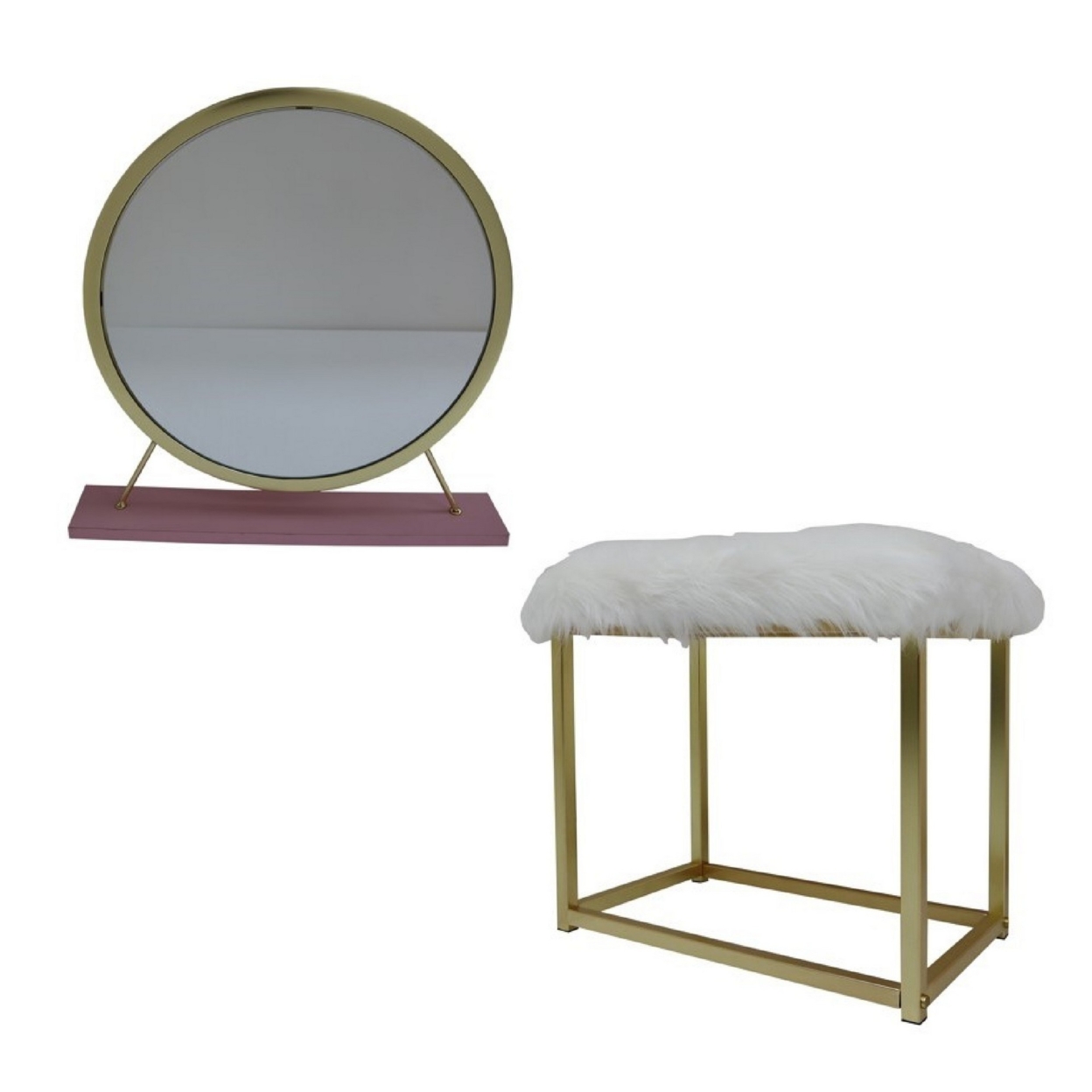 Rose Round Vanity Mirror With Stool, Faux Fur Seat, Brass. Pink- Saltoro Sherpi