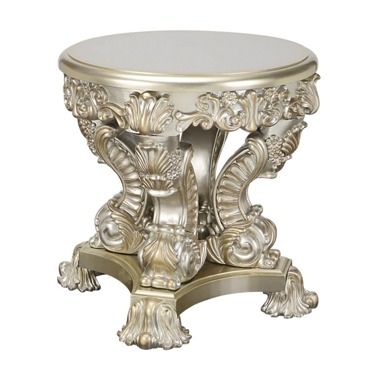 Esen 28 Inch Round End Table, Sculpted Floral Carvings, Resin, Antique Gold- Saltoro Sherpi