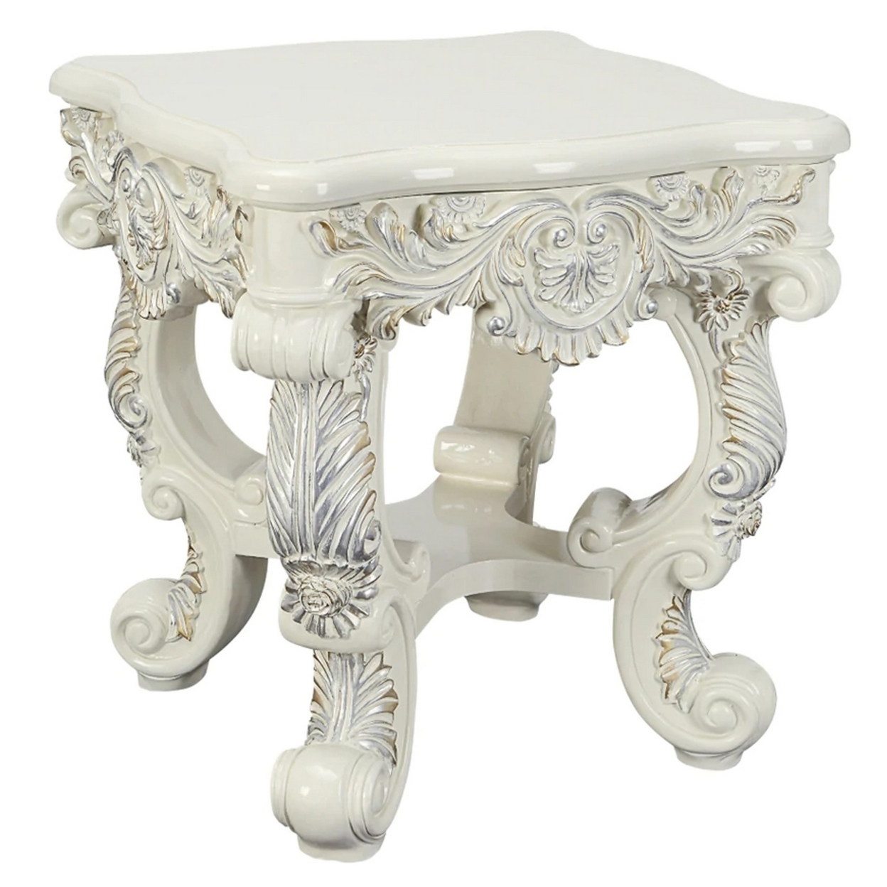 Ataa 28 Inch Square End Table, Ornate Floral Carvings, Claw Feet, White- Saltoro Sherpi