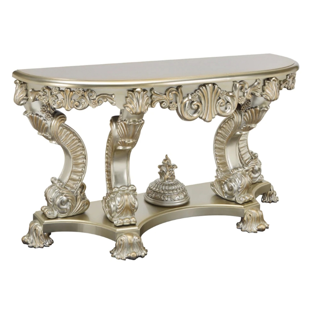Esen 67 Inch Crescent Sofa Table Sideboard Console, Carvings, Antique Gold- Saltoro Sherpi
