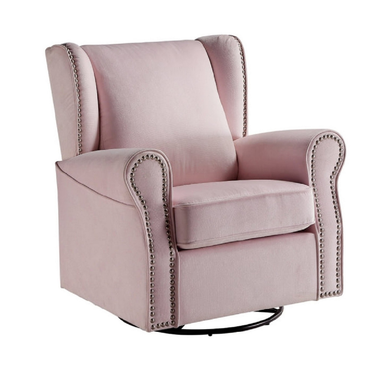 35 Inch Accent Swivel Chair, Glider, Nailhead Trim, Light Pink- Saltoro Sherpi
