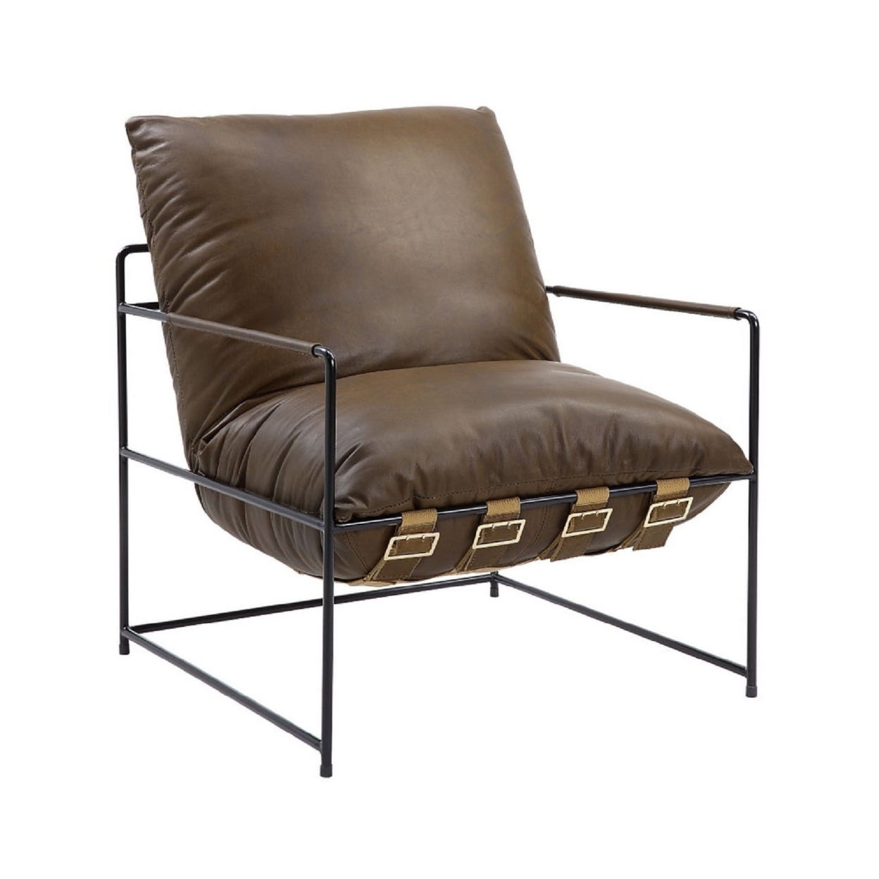 Tim 32 Inch Accent Chair, Top Grain Leather Seat, Metal Frame, Brown- Saltoro Sherpi