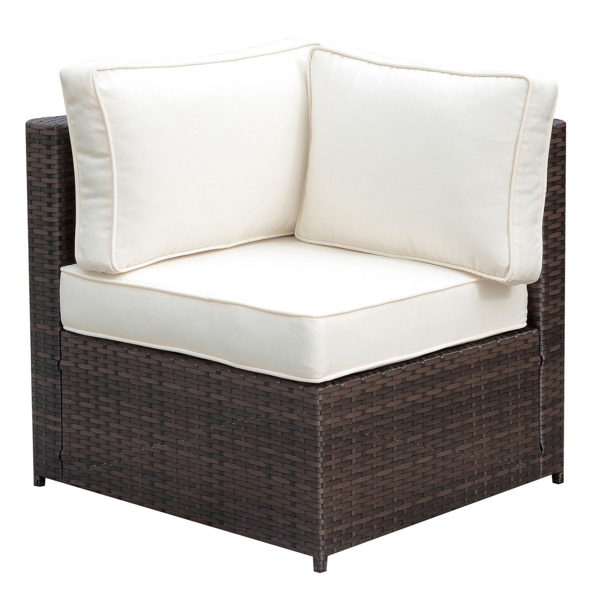 Faux Rattan Corner Chair With 1 Seat & 2 Back Cushions, Brown And Ivory- Saltoro Sherpi