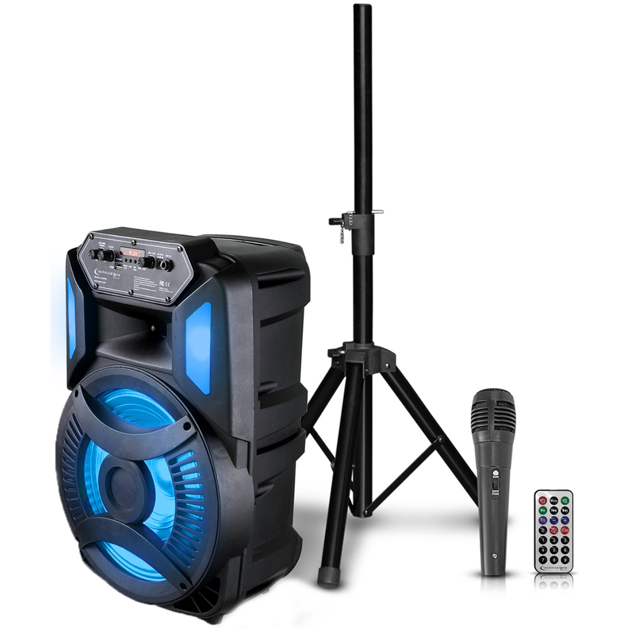 Technical Pro Rechargeable 1200 Watts 12 Bluetooth LED Speaker W/ FM Radio, LED Woofer, SD/USB Inputs, Wired Mic And Remote Included