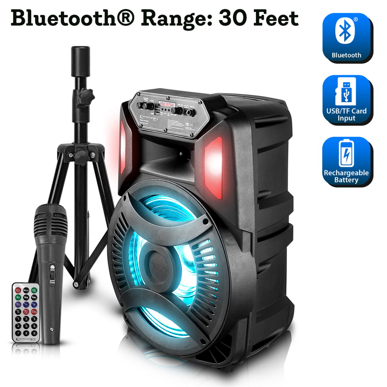 Technical Pro Rechargeable 1200 Watts 12 Bluetooth LED Speaker W/ FM Radio, LED Woofer, SD/USB Inputs, Wired Mic And Remote Included
