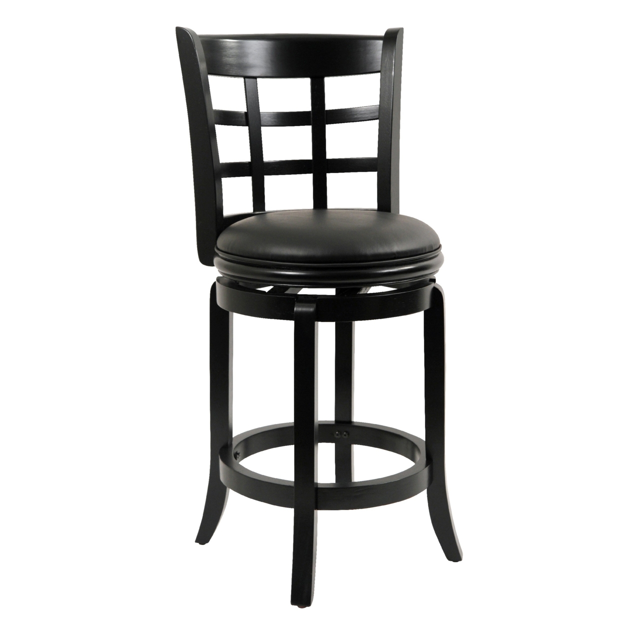 Sabi 24 Inch Swivel Counter Stool, Solid Wood, Faux Leather, Black