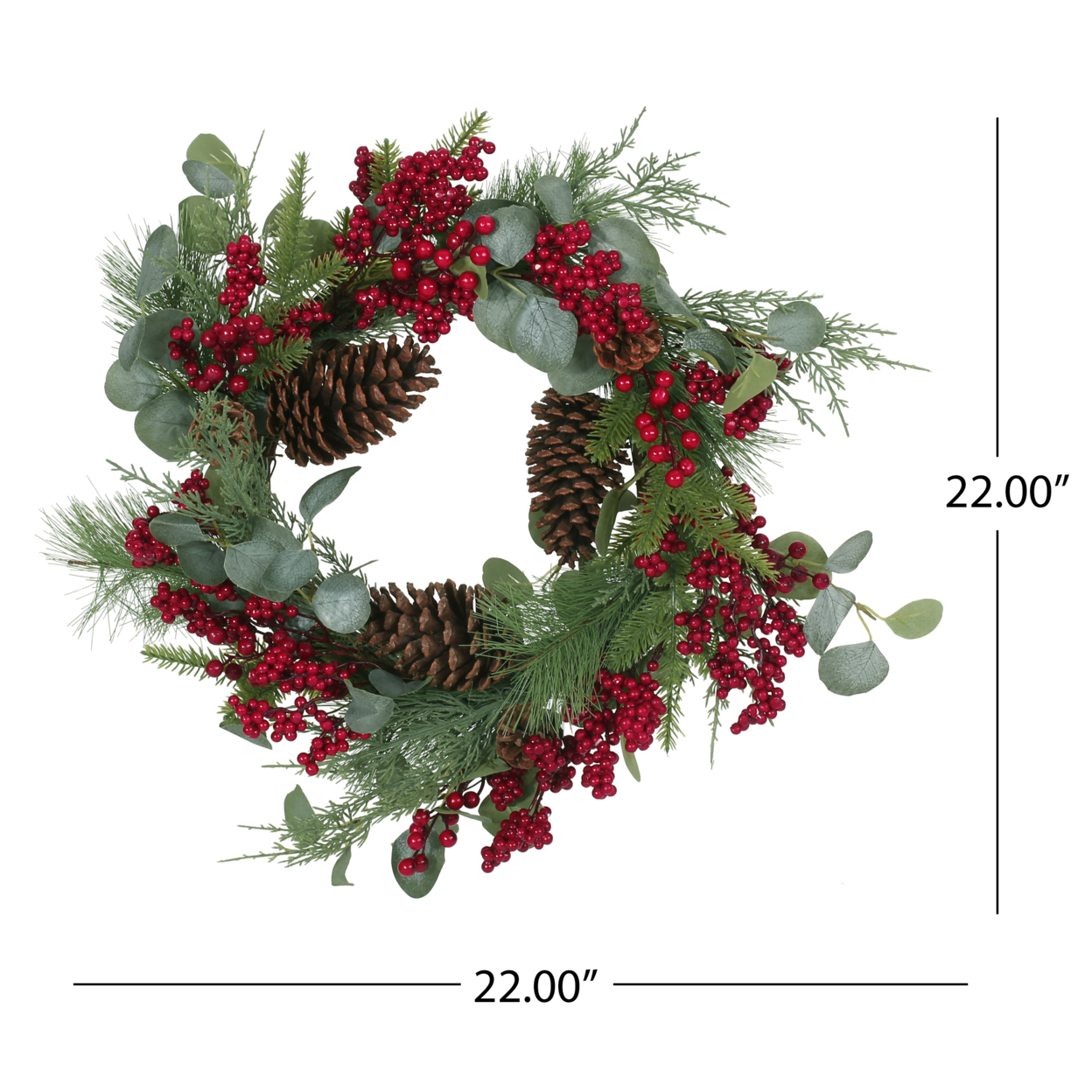 Torelli 22 Eucalyptus Artificial Wreath With Berries And Pinecones, Green And Red