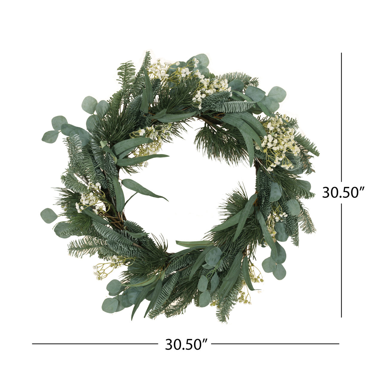 Leigh 30 Eucalyptus And Pine Artificial Silk Wreath With Baby's Breath, Green And White