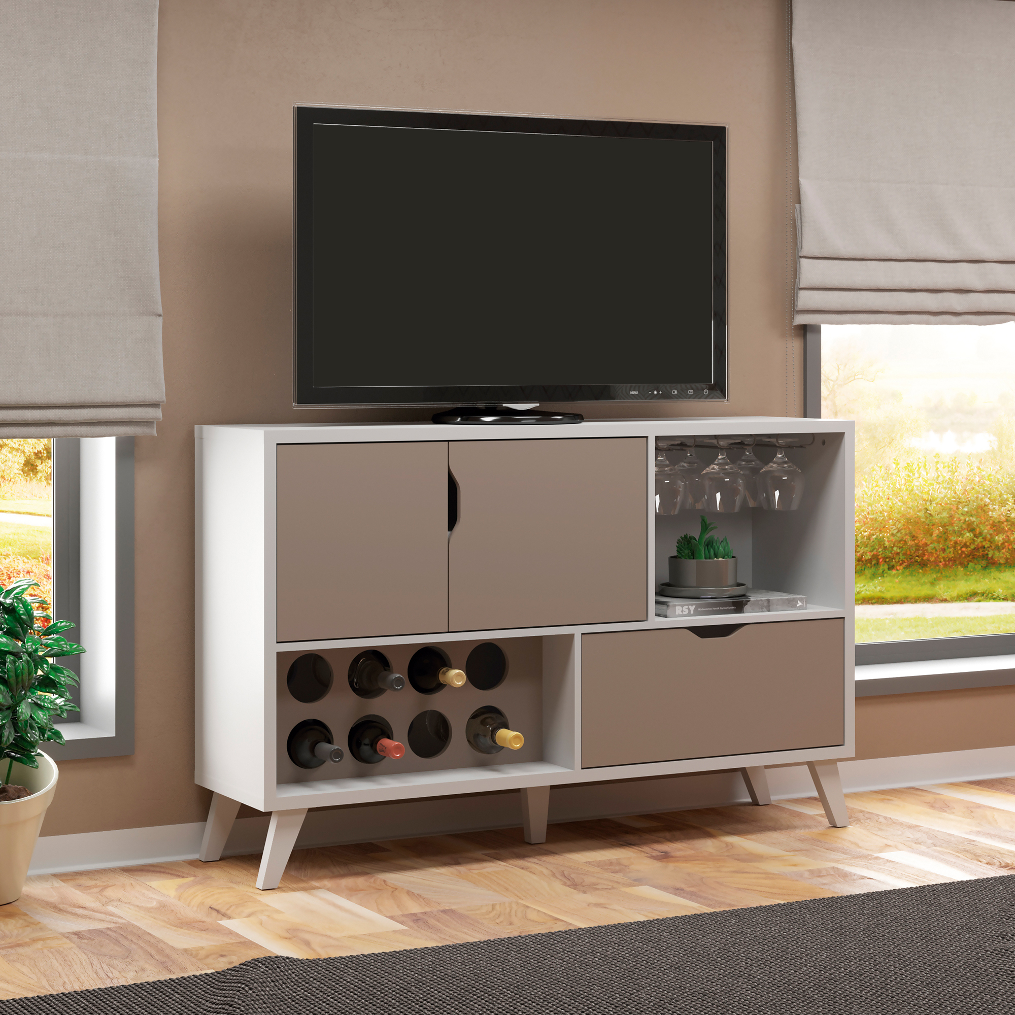 54 Inch 2 Door Wooden TV Stand With Wine Rack And 1 Drawer, White And Gray, Saltoro Sherpi