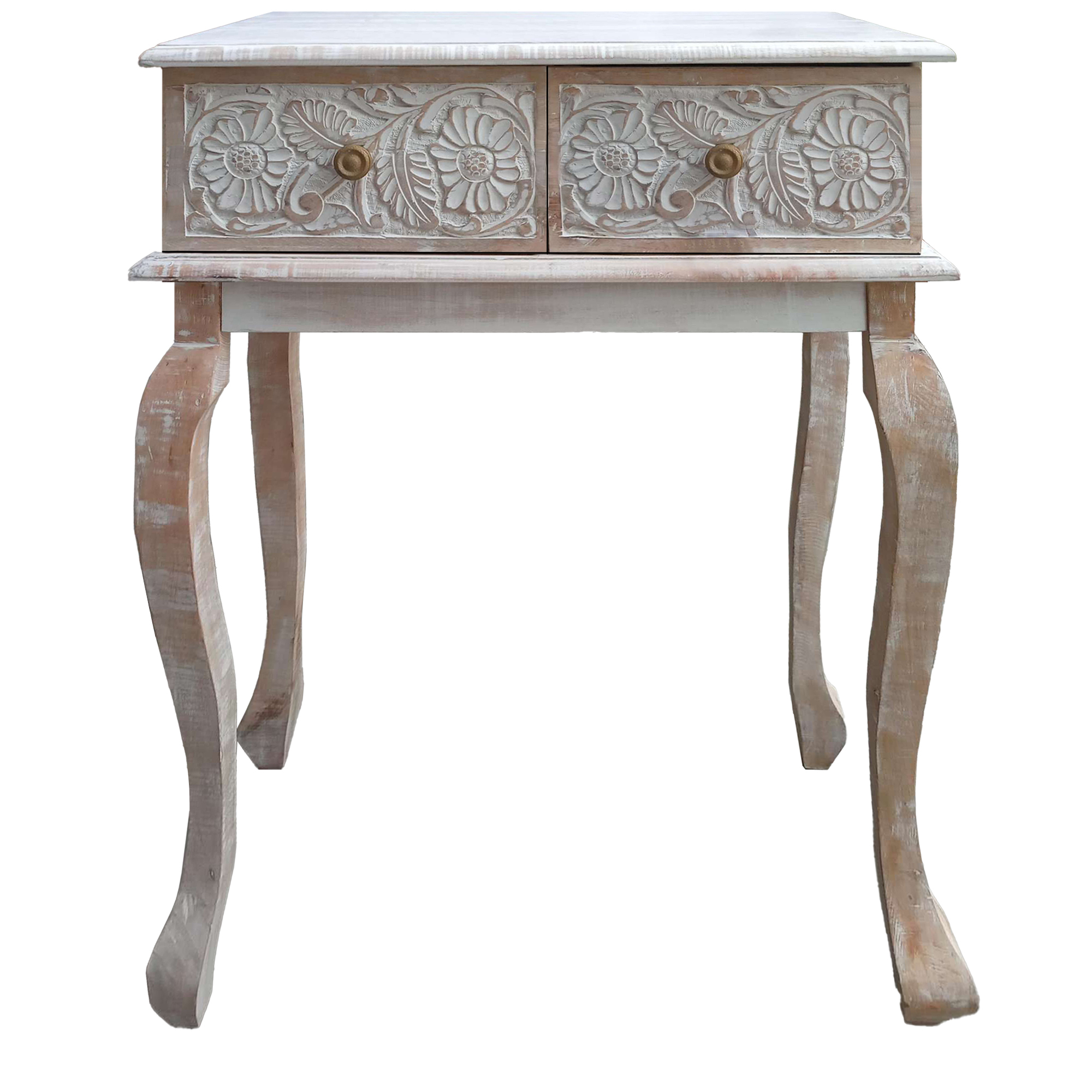 2 Drawer Mango Wood Console Table With Floral Carved Front, Brown And White- Saltoro Sherpi