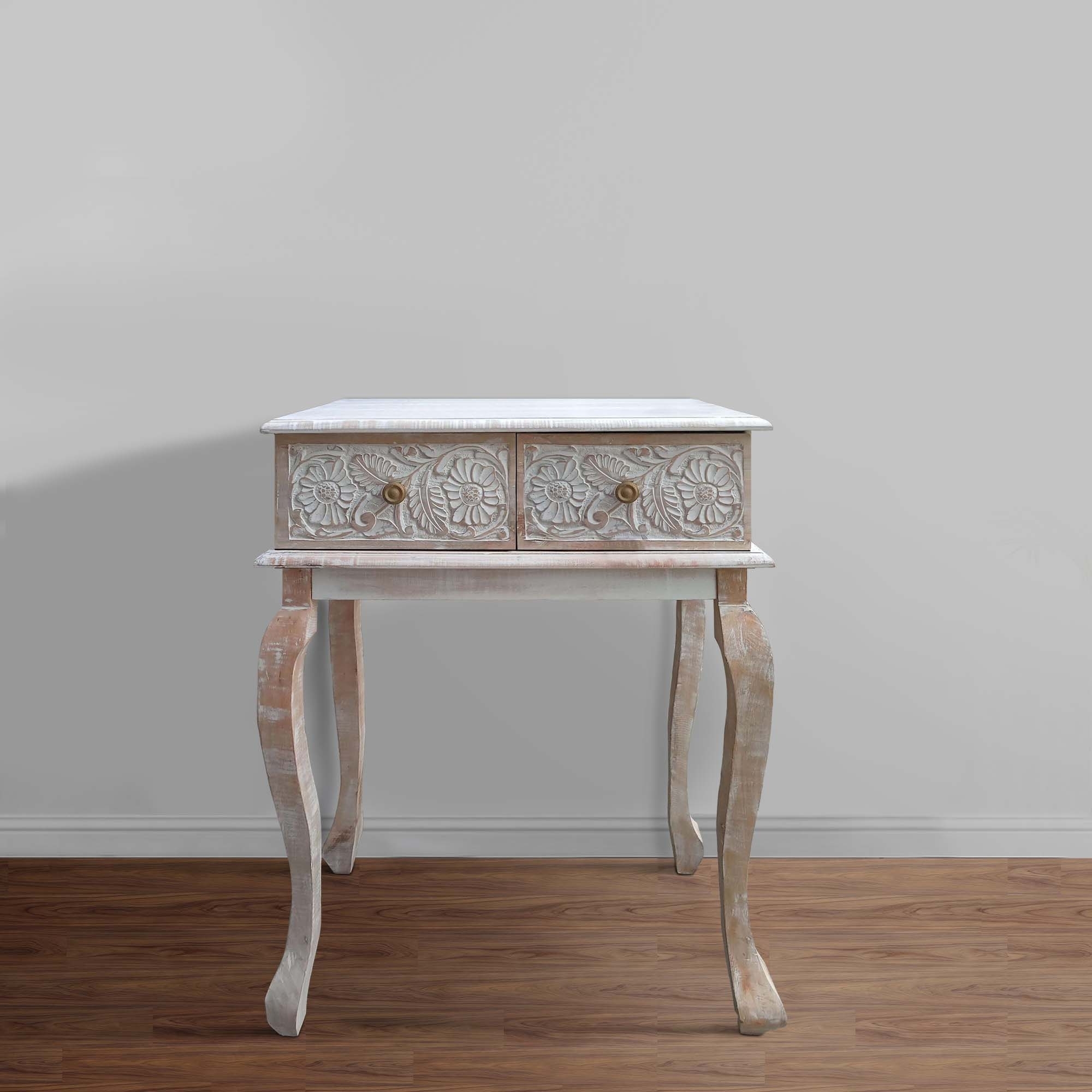 2 Drawer Mango Wood Console Table With Floral Carved Front, Brown And White- Saltoro Sherpi