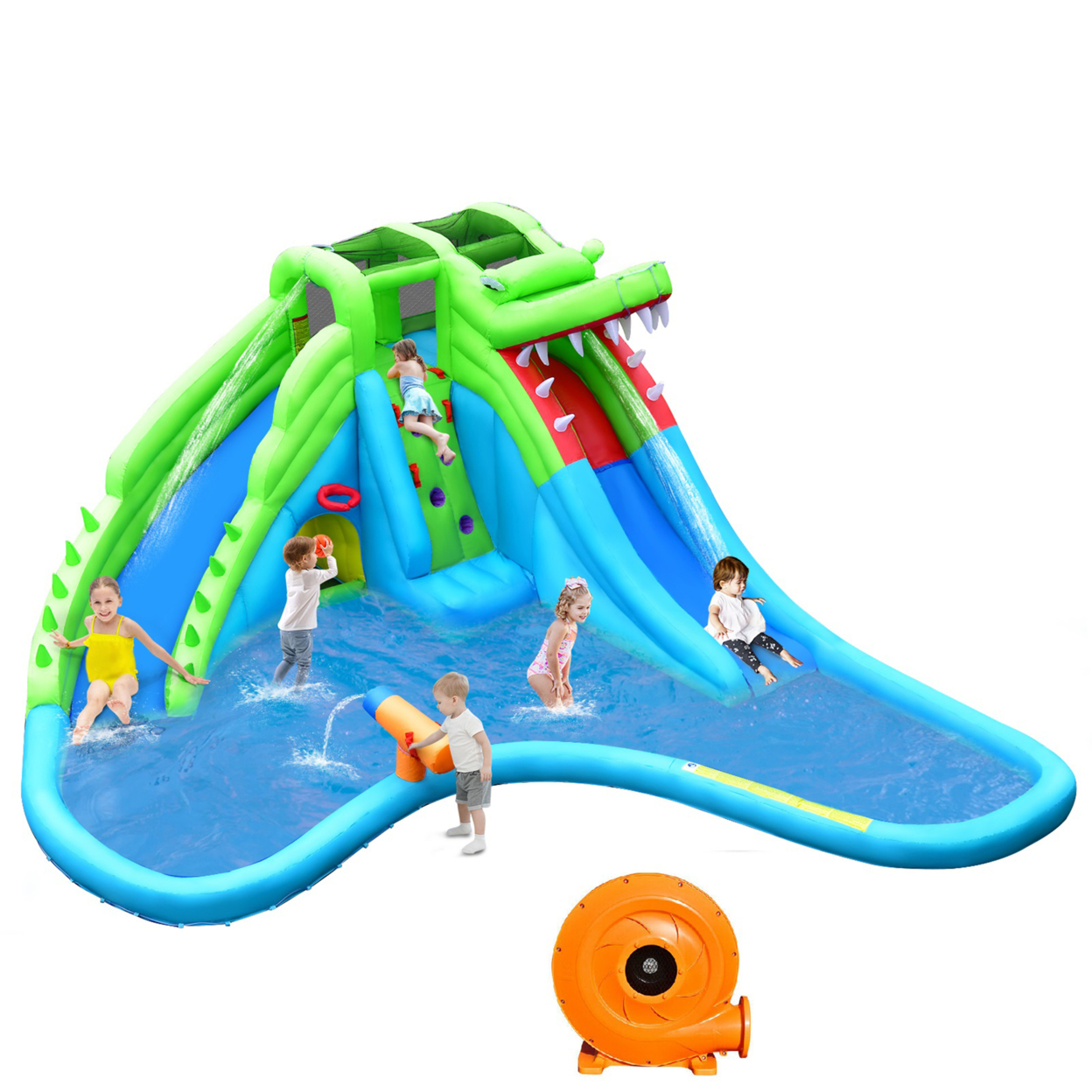 Crocodile Inflatable Water Slide Park Kids Bounce House W/ Dual Slides With 780W Blower