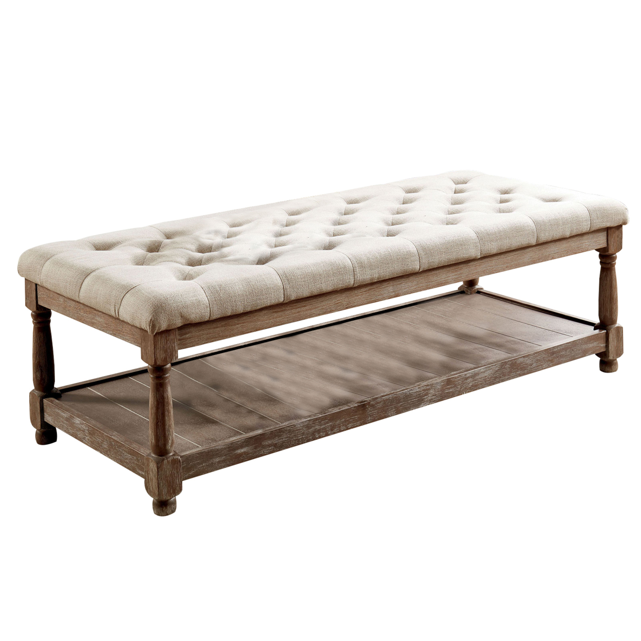 Button Tufted Fabric Upholstered Bench With Bottom Shelf, Beige And Brown- Saltoro Sherpi