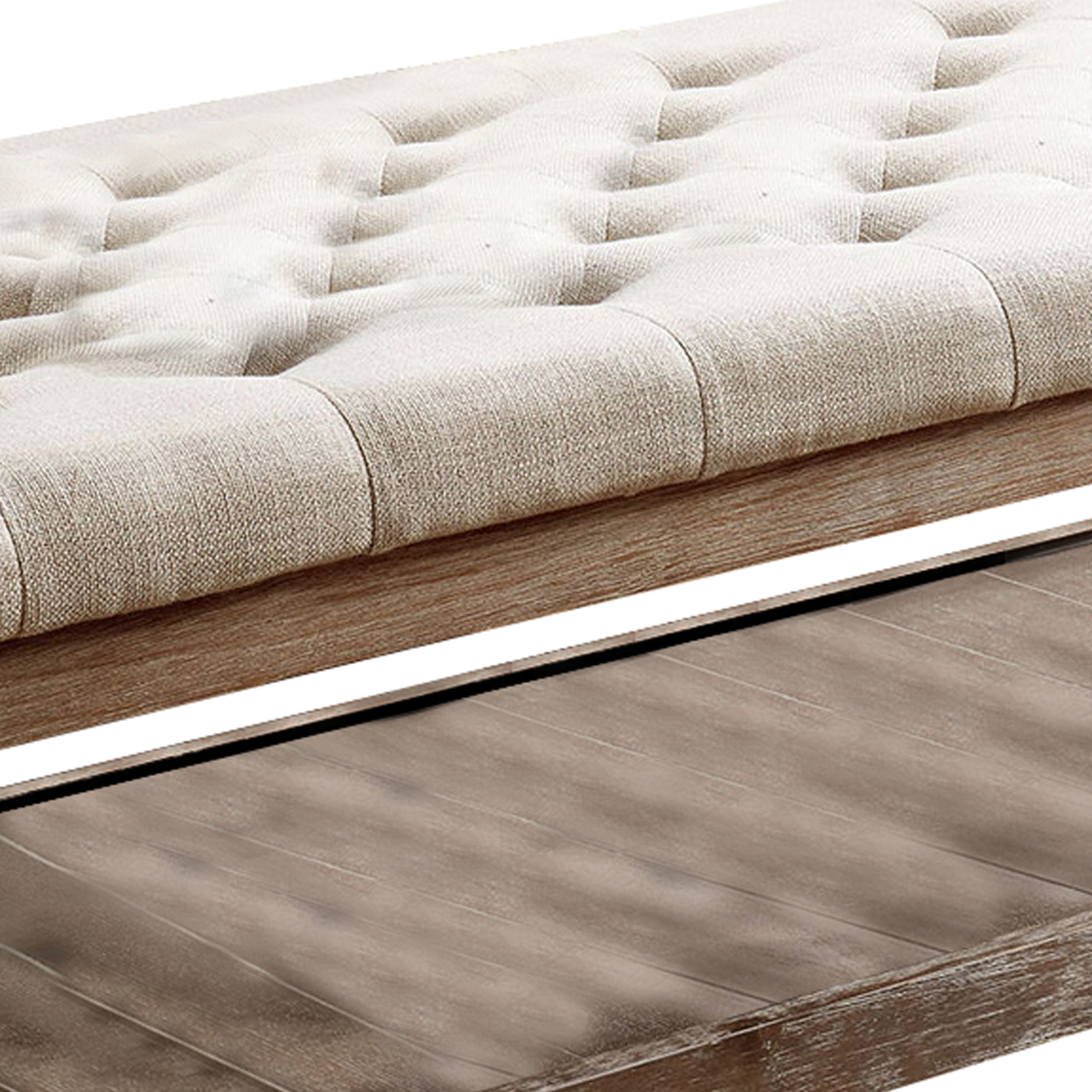 Button Tufted Fabric Upholstered Bench With Bottom Shelf, Beige And Brown- Saltoro Sherpi