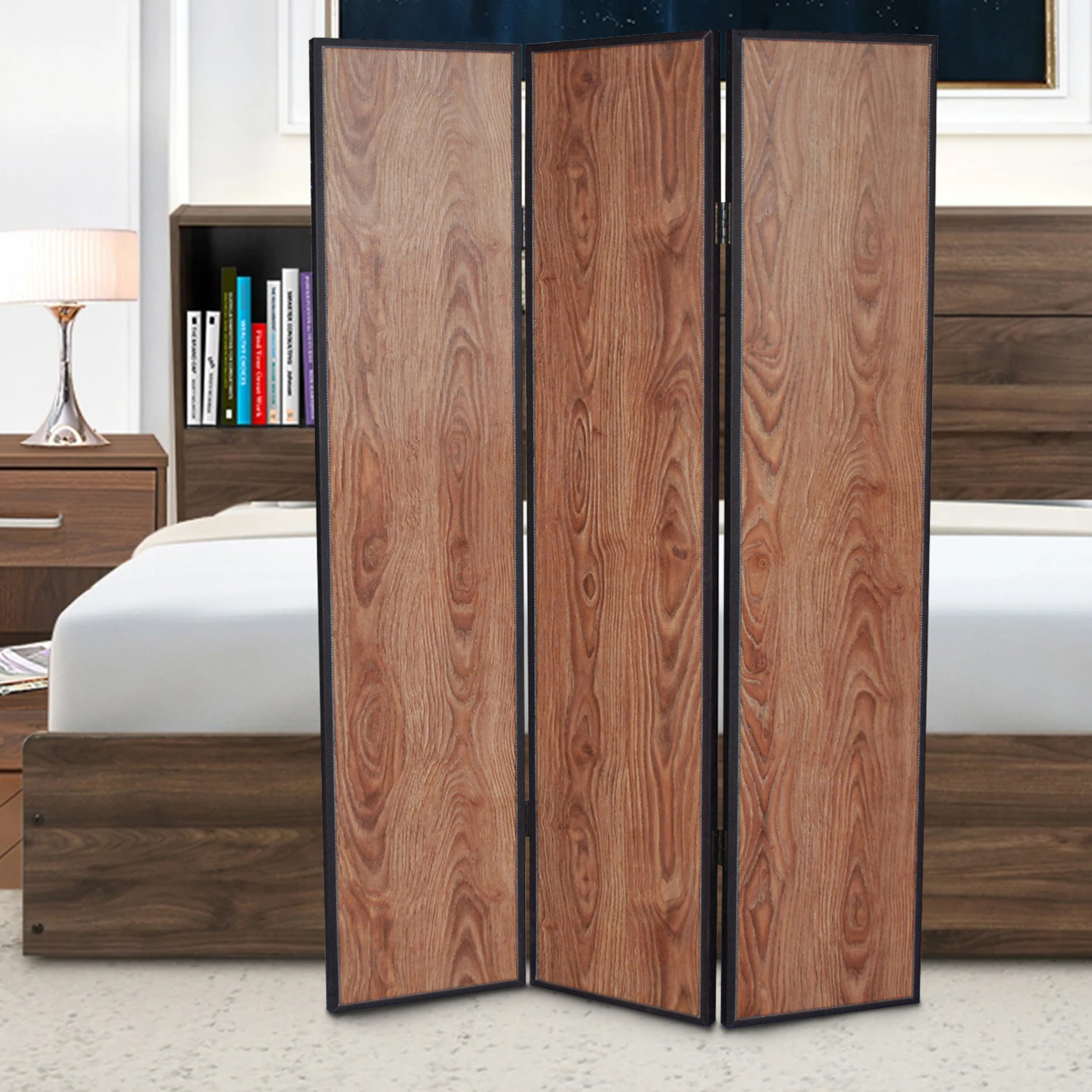 3 Panel Foldable Wooden Screen With Grain Details, Brown- Saltoro Sherpi
