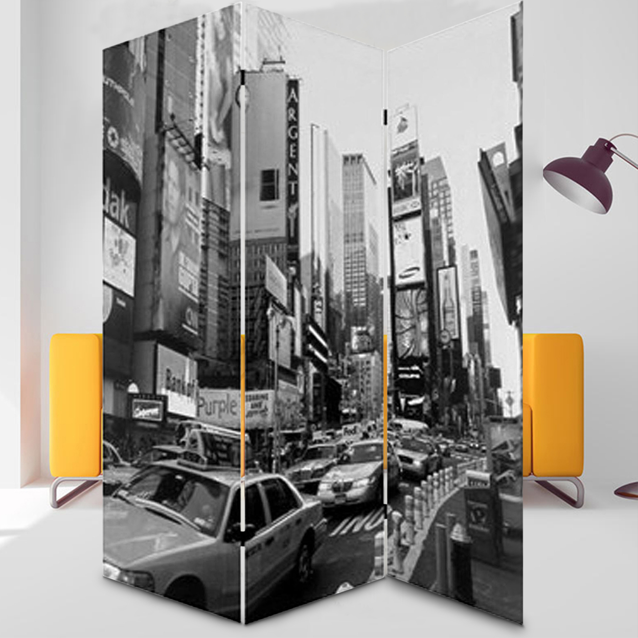 3 Panel Foldable Canvas Screen With NYC Print, Black And White- Saltoro Sherpi