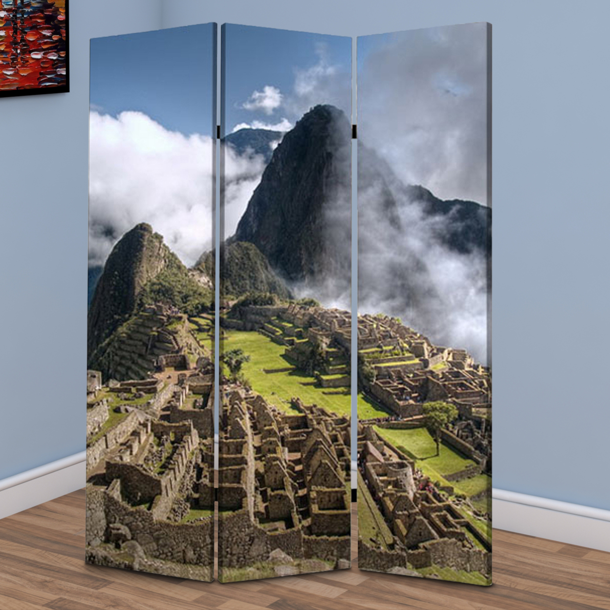 3 Panel Foldable Canvas Screen With Machu Picchu Print, Multicolor- Saltoro Sherpi