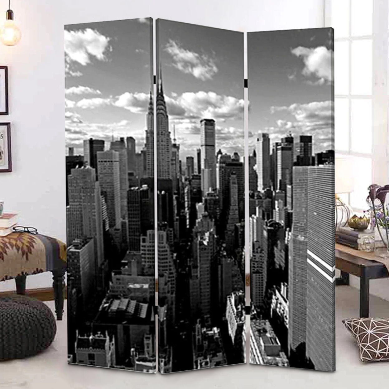 3 Panel Foldable Screen With New York Skyline Print, Black And White- Saltoro Sherpi