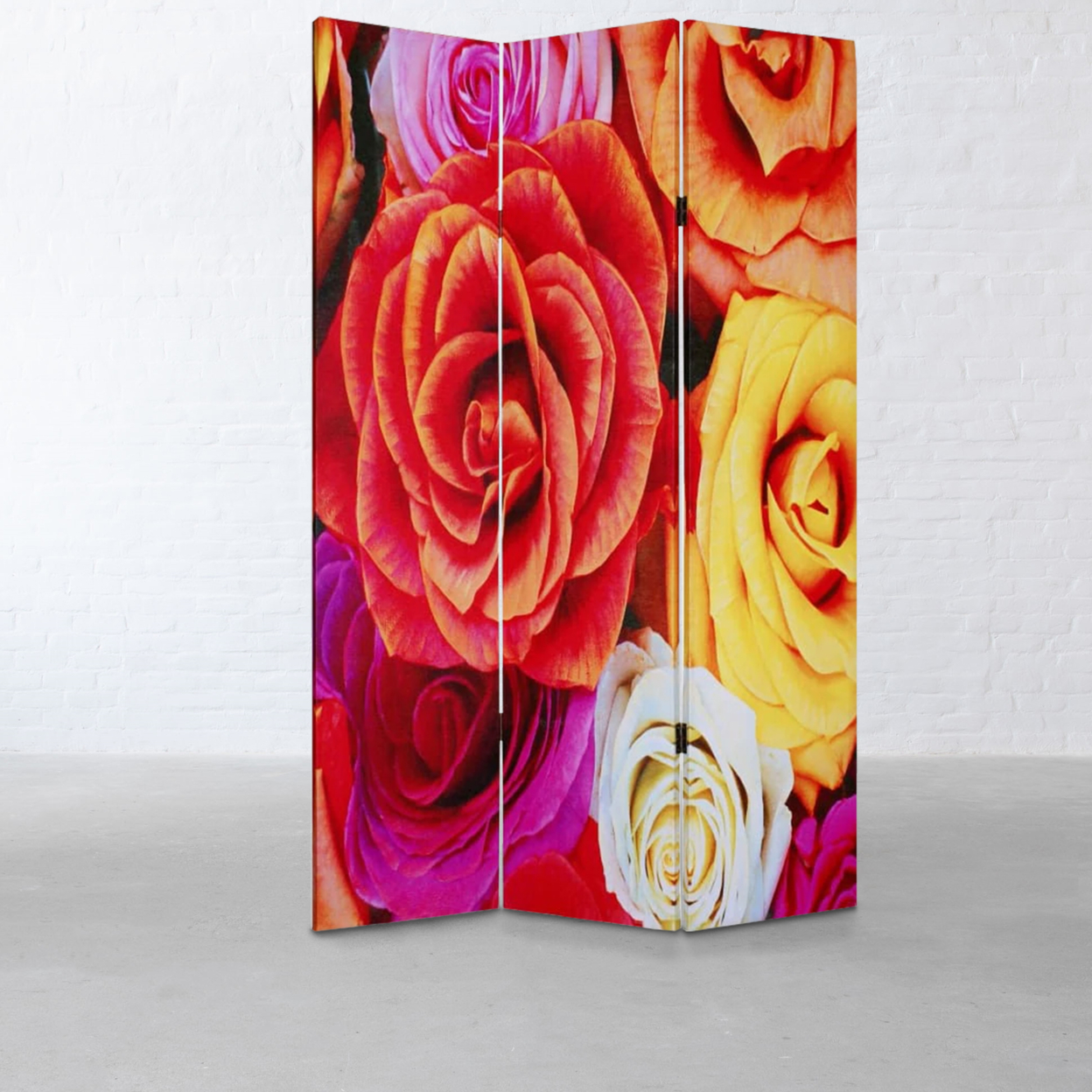 3 Panel Canvas Screen With Contrasting Flower Print, Multicolor- Saltoro Sherpi