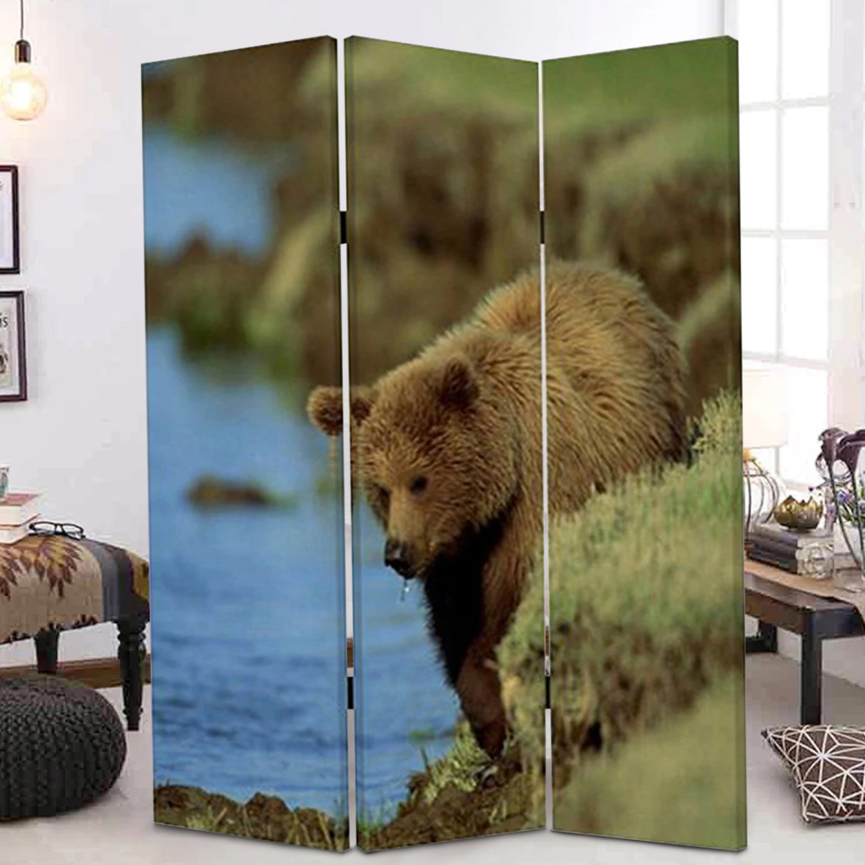 3 Panel Foldable Wooden Screen With Bear Print, Blue And Brown- Saltoro Sherpi