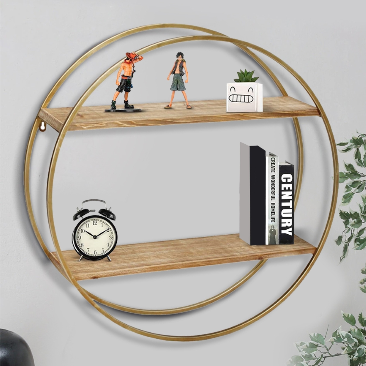 Wood And Metal Wall Shelf With 2 Open Shelves, Brown And Gold- Saltoro Sherpi